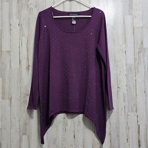 Ashley Stewart Plum Purple Long Sleeve Studded Shark Bite Hem Scoop Neck Sz 12